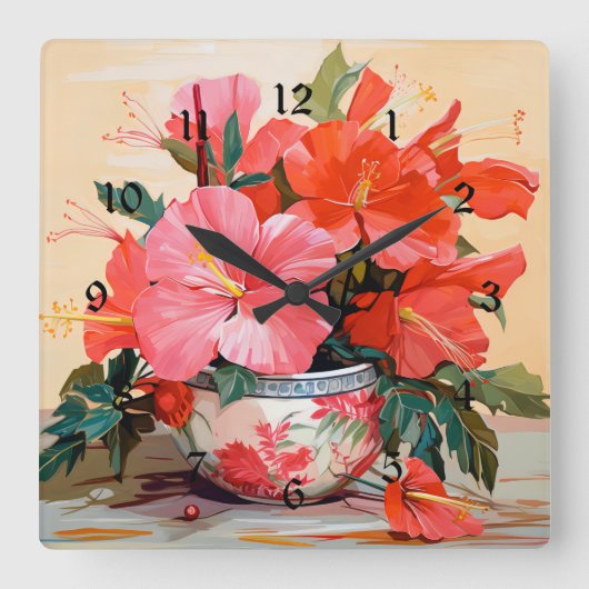Schöne Hibiskus-Blume, rosa/rot, Quadratische Wanduhr (Vorderseite)