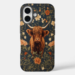 Schöne Highland-Kuh im Vintage-Blumenstil iPhone 16 Hülle