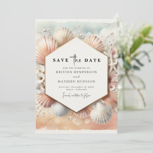 Schöne Hochzeit am Strand Save The Date (Stehend Vorderseite)