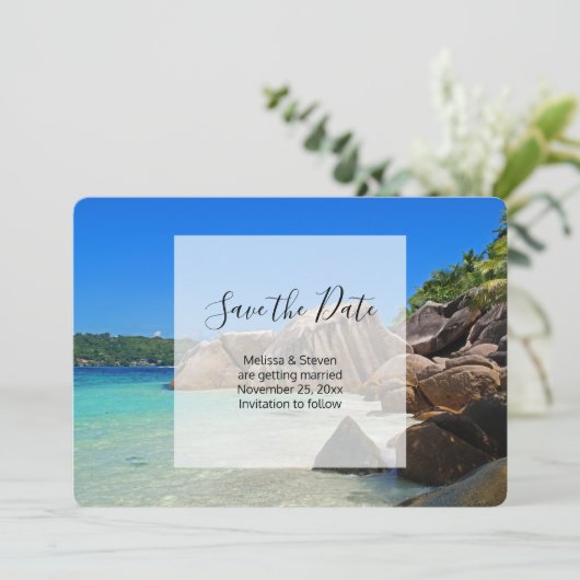 Schöne Hochzeit am Tropischen Meer Save The Date (Stehend Vorderseite)