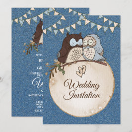 Schöne Hochzeit Blaue Braune Eule Glitter Einladung