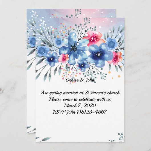 Schöne Hochzeit der Aquarellfarben-Blume Einladung (Vorne/Hinten)