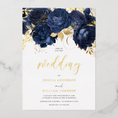 Schöne Hochzeit der Marine: Blumen und Gold Folieneinladung (Vorderseite)