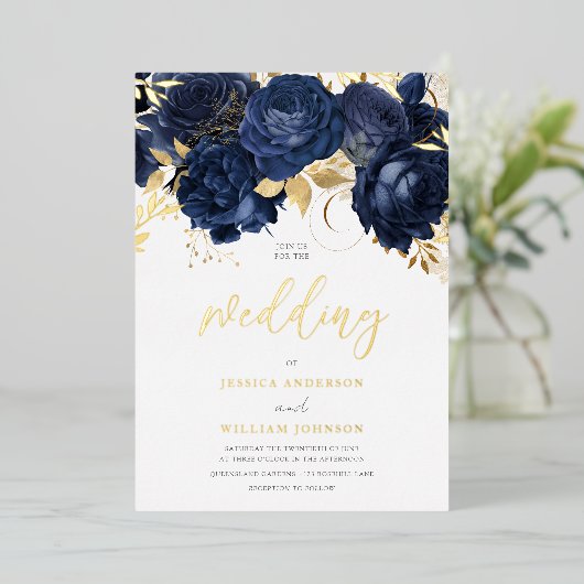 Schöne Hochzeit der Marine: Blumen und Gold Folieneinladung (Stehend vorne)