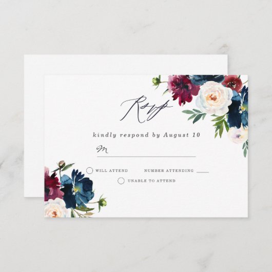 Schöne Hochzeit der Marine Burgundy Red Blush Flor RSVP Karte (Vorne/Hinten)