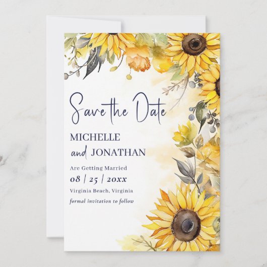 Schöne Hochzeit der Wasserfarben-Sonnenblumen Save The Date (Vorderseite)