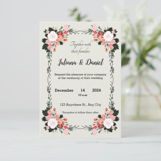 Schöne Hochzeit in Rosa und Weiß mit Blumen Einladung (Stehend Vorderseite)