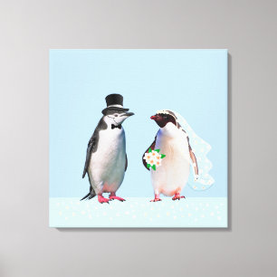 Schöne Hochzeit Pinguin Paar auf Hellblau Leinwanddruck