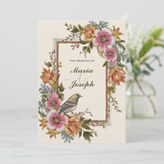 Schöne Hochzeit Vintager Blütenvögel Einladung (Stehend Vorderseite)