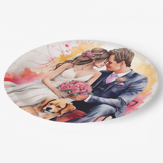 Schöne Hochzeitskuppel Wasserfarbe Pappteller (Schrägansicht)