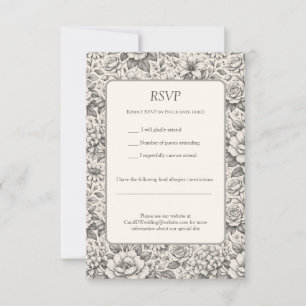 Schöne Holzkohle-Schwarz-Weiß-Ätzte Blumen RSVP Karte
