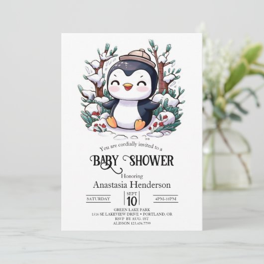 Schöne Hübsche Pinguin-Babydusche Einladung (Stehend Vorderseite)