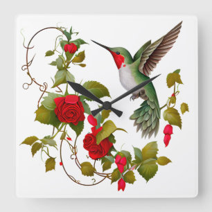 Schöne Hummingbird und Rote Rosen Quadratische Wanduhr