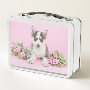 Schöne Husky-Welpe mit rosa Rosen Metall Brotdose