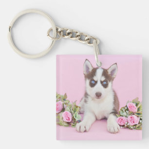 Schöne Husky-Welpe mit rosa Rosen Schlüsselanhänger