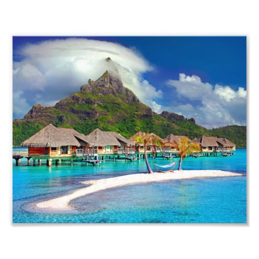 Schöne Hütten am Wasser in Bora Bora Fotodruck (Vorne)
