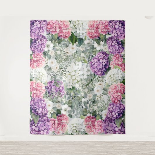 Schöne Hydrangeas & Eukalyptus Foto Hintergrund Wandteppich (Vorderseite)