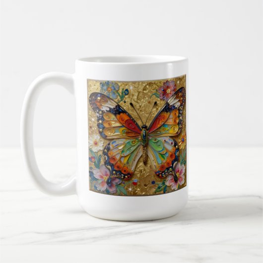 Schöne Impasto-Schmetterlinge und Blumen-Gedicht Kaffeetasse (Links)