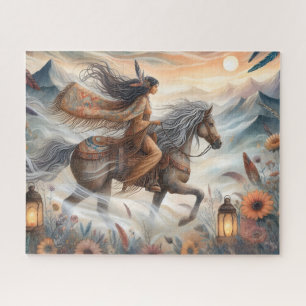 Schöne indianische Frau auf einem Pferd Puzzle