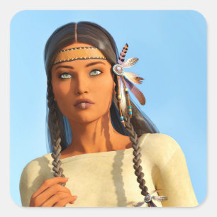 Schöne indianische Frau Indigene Kleidung Quadratischer Aufkleber