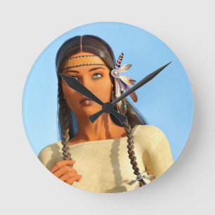 Schöne indianische Frau Indigene Kleidung Runde Wanduhr