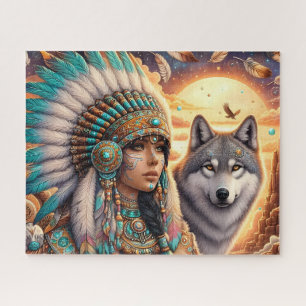 Schöne indianische Frau mit Wolf Puzzle