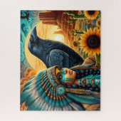 Schöne indigene Frau mit Rabe und Sonnenblumen Puzzle (Vertikal)