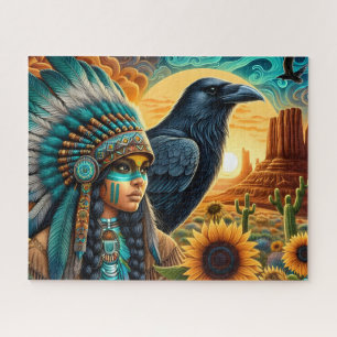 Schöne indigene Frau mit Rabe und Sonnenblumen Puzzle