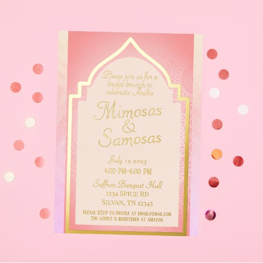 Schöne indische Mimosas und Samosas Bridal Brunch Folieneinladung