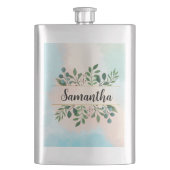 Schöne, individuell einstellbare Name Grün Blätter Flachmann (Vorderseite)