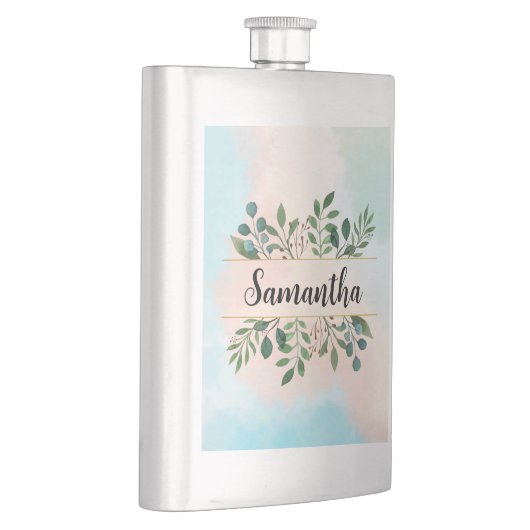 Schöne, individuell einstellbare Name Grün Blätter Flachmann (Rechts)