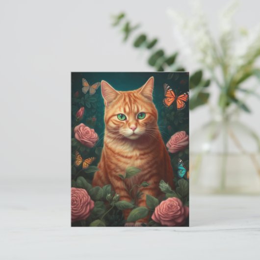 Schöne Ingwer Katze mit rosa Rosen Postkarte (Stehend Vorderseite)