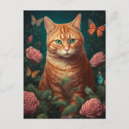 Schöne Ingwer Katze mit rosa Rosen Postkarte