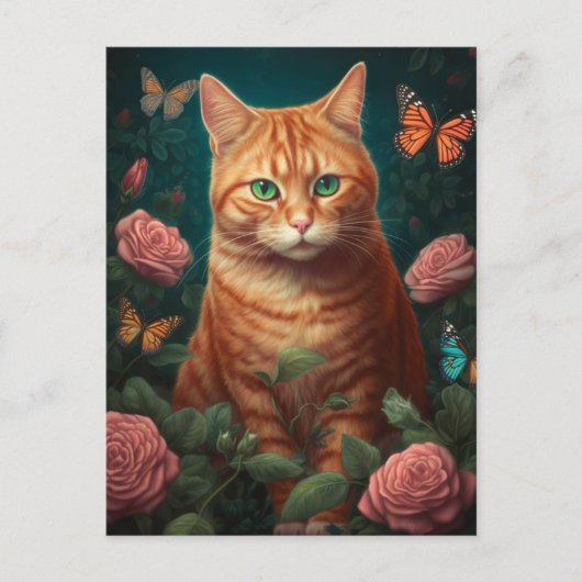 Schöne Ingwer Katze mit rosa Rosen Postkarte (Vorderseite)