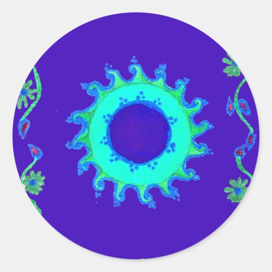 Schöne Iridescent Blue Floral Art Ölgemälde Runder Aufkleber (Vorderseite)