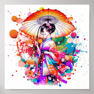 Schöne japanische Frau im Kimono Parasol Poster