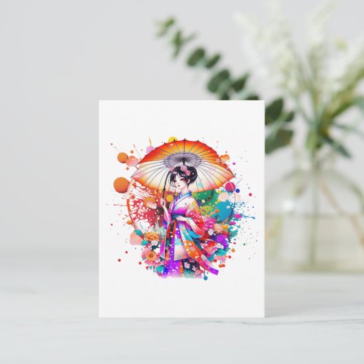 Schöne japanische Frau im Kimono Parasol Postkarte (Stehend Vorderseite)