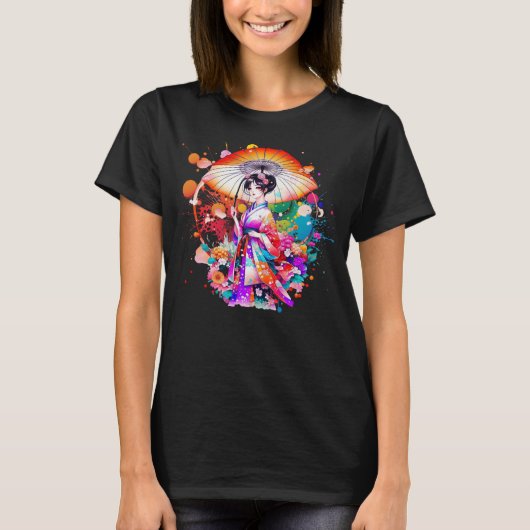 Schöne japanische Frau im Kimono Parasol T-Shirt (Vorderseite)
