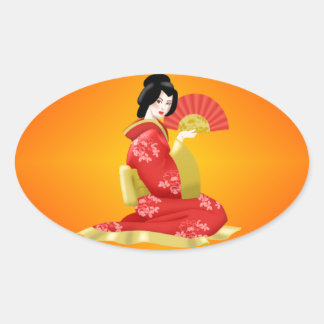 Schöne japanische Frau in Rotem Kleid Ovaler Aufkleber