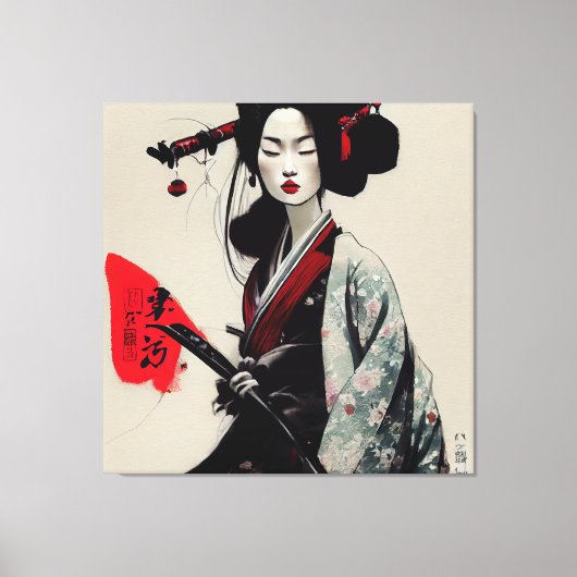 Schöne japanische Geisha Stretched Canvas Print Leinwanddruck (Vorderseite)