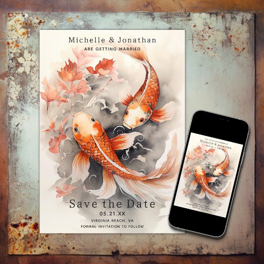 Schöne japanische Koi Fish Orange Beige Wedding Save The Date