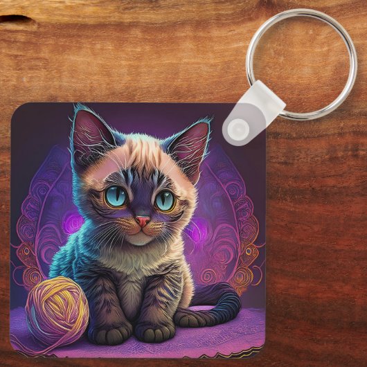 Schöne, junge Kätzchen mit Garnkugel Schlüsselanhänger (Rückseite)