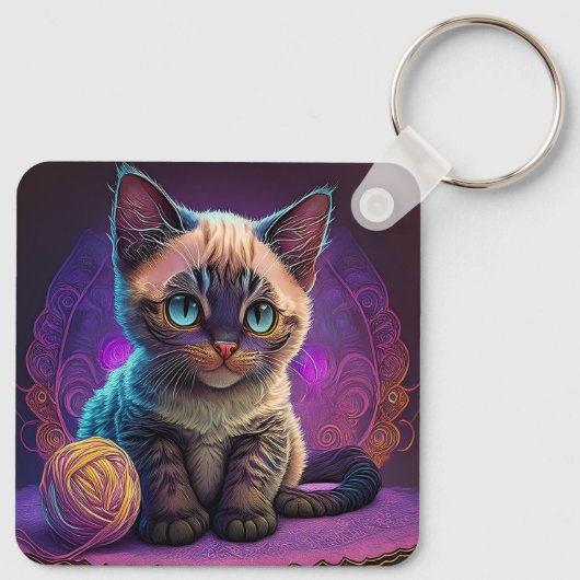 Schöne, junge Kätzchen mit Garnkugel Schlüsselanhänger (Rückseite)