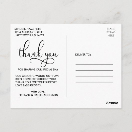 Schöne Kalligrafie Script Wedding Vielen Dank Postkarte (Rückseite)