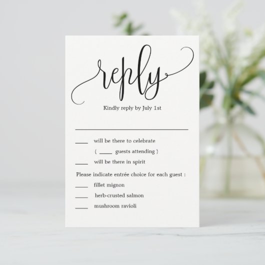 Schöne kalligraphische Hochzeit RSVP mit Menüoptio Einladung (Stehend Vorderseite)