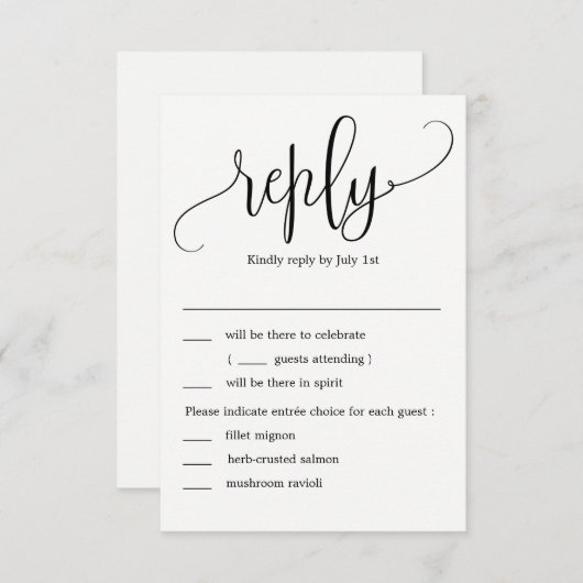 Schöne kalligraphische Hochzeit RSVP mit Menüoptio Einladung (Vorne/Hinten)