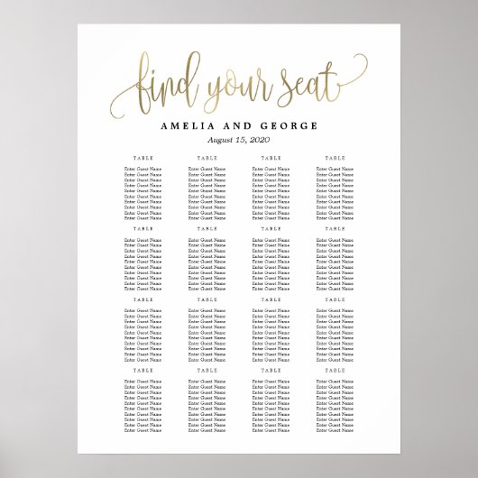 Schöne kalligraphische Imitate Gold Seating Chart  Poster (Vorne)