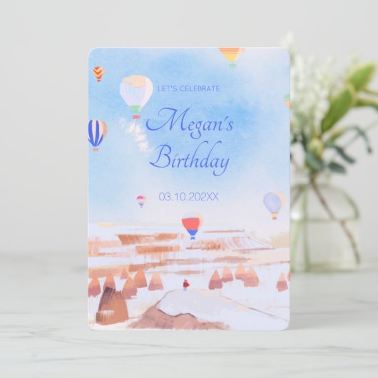 Schöne kappadokische Heißluftballon Geburtstag Einladung (Stehend Vorderseite)