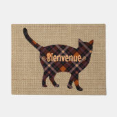 Schöne karierte Katze - Bienvenue-Burlap-Look Fußmatte (Vorderseite)