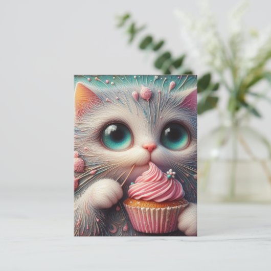 Schöne Kätzchen mit rosa Kuchen Postkarte (Stehend Vorderseite)